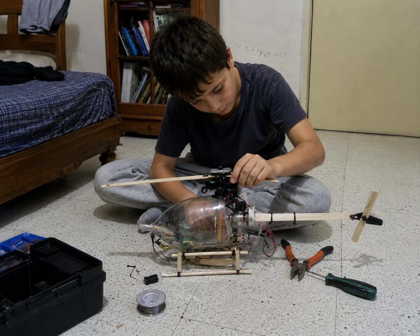 Lucas montando um helicóptero